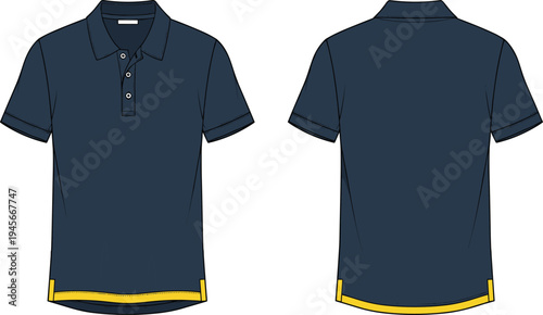 Front and back technical flat sketch of navy blue short sleeve polo shirt with collar, button placket, and yellow hem accent