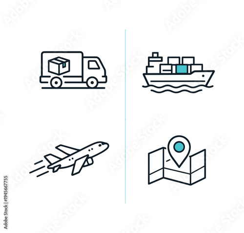 Logistics icons showing truck, ship, airplane, and map with pin. A set of four simple line icons representing different modes of transportation and location services for logistics