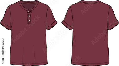 Maroon short sleeve henley shirt front and back views, round neckline with button placket, casual fashion garment illustration design