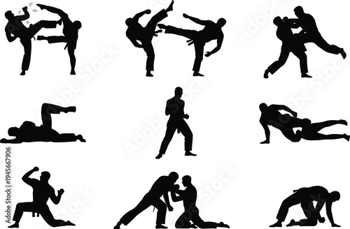 Martial, arts, silhouettes, set, karate, taekwondo, judo, fighters, sparring, kicking, punching, grappling, combat, training, defense, competition, athlete, sport, action, fitness, workout, collection
