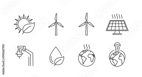 Renewable Energy Icons - Solar, Wind, Hydro, and Earth Concepts.