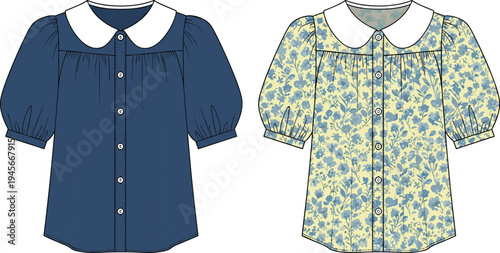 Peter Pan collar dress technical drawing with puff sleeves and button front, fashion flat sketch featuring solid navy and floral print variations