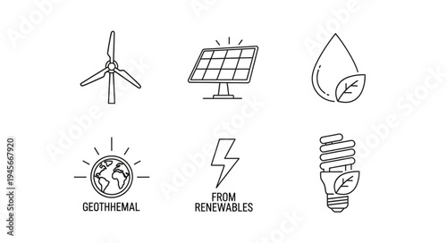 Renewable Energy Sources - Wind, Solar, Hydro, Geothermal, and Energy Efficiency Icons.
