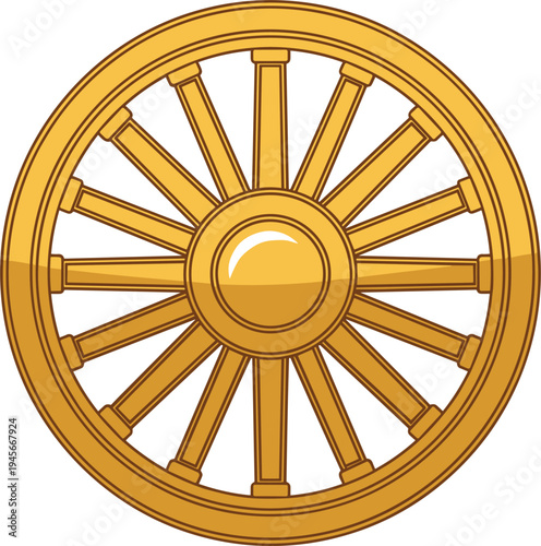 Golden wooden wagon wheel with multiple spokes vintage carriage or cart wheel classic transportation element vector illustration
