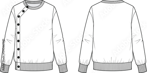 Technical fashion illustration of long-sleeve sweatshirt with diagonal button placket, ribbed neckline, cuffs, hem, and plain back view