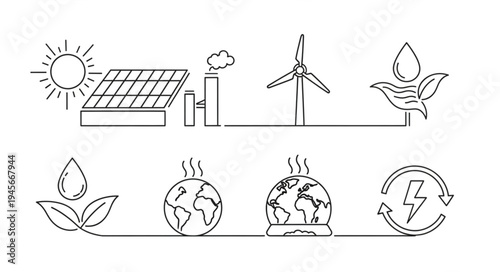 Renewable Energy Sources and Climate Change Line Art Illustration.