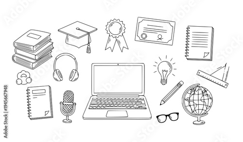 A minimalist vector illustration of various educational icons and symbols
