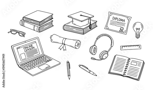 A vector graphic illustration of various educational icons and symbols