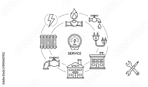A vector graphic illustrating various utility services in a circular design