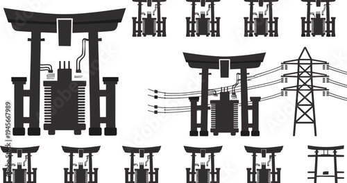 Japanese, torii, gate, silhouette, set, industrial, power, line, electricity, transformer, shrine, traditional, culture, modern, technology, urban, fusion, vector, icon, collection, design, illustrati