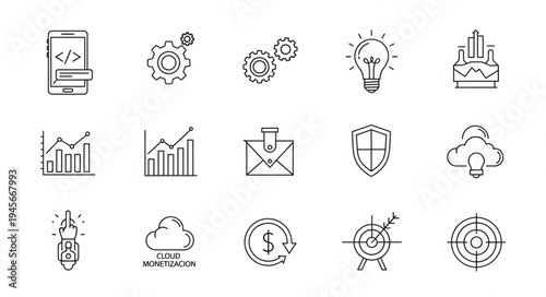Collection of Business and Technology Icons in Sketch Style.