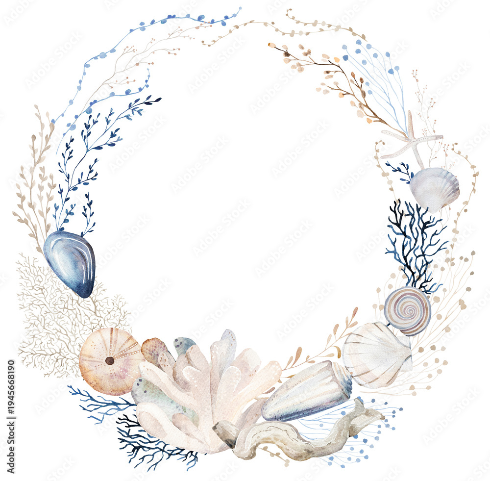 Fototapeta premium Watercolor frame with pastel seashells and plants, illustration for coastal wedding stationery