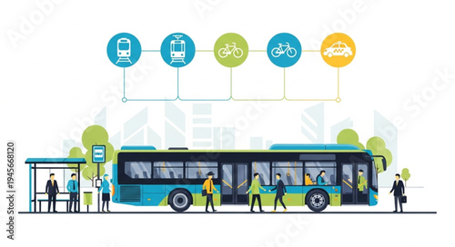Public Transportation Illustration - Bus, Subway, Train, Bicycle, and Car.