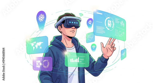 Man Immersed in Virtual Reality - Exploring Digital Interfaces and Data.