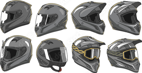 Motorcycle helmet collection with full face modular and motocross helmets protective biker riding safety gear vector illustration set