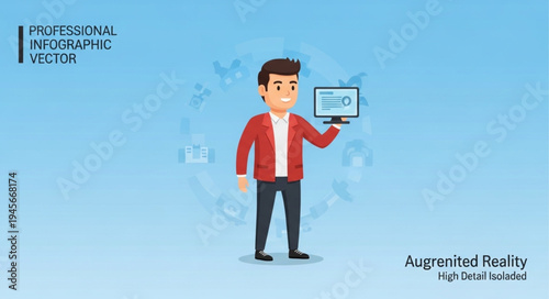 Man showcasing augmented reality on a digital device with focus.