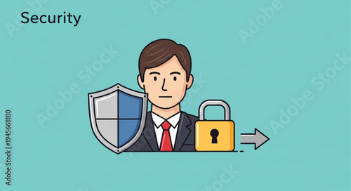 Security Illustration Featuring a Man, Shield, and Padlock for Protection.