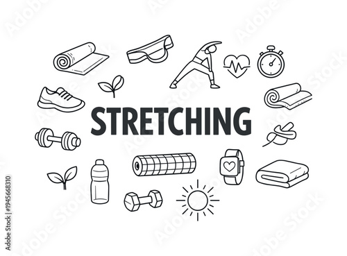 Stretching and fitness icons surrounding the word stretching. A collection of hand-drawn icons representing fitness and wellness activities, including yoga mats, dumbbells, and a