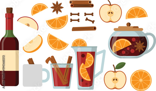 Mulled wine ingredients set featuring red wine bottle, orange slices, apple pieces, cinnamon sticks, star anise, cloves, glass pitcher, teapot, and cozy mugs,