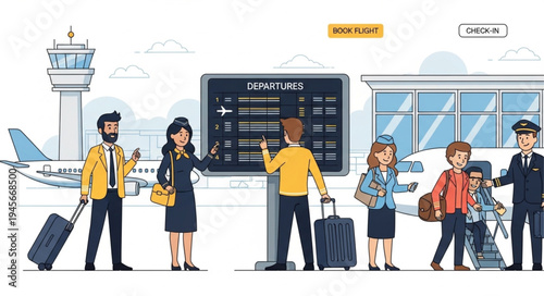 Airport Passengers Waiting for Flight Information at Departure Board.
