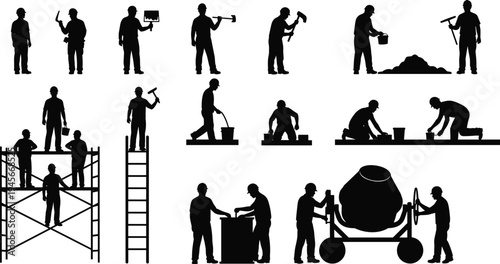 Construction worker silhouettes set with builders using tools, scaffolding, ladder and concrete mixer, industrial building maintenance and repair illustration collection