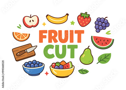 Fruit Cut illustration with various fruits and a cutting board. A vibrant and colorful illustration featuring the words "Fruit Cut" surrounded by an assortment of fresh fruits and