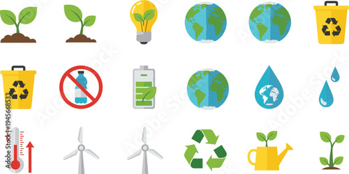Eco Sustainability and Environmental Protection Icon Set with Recycling Earth Energy Water Plant Editable Vector Illustration