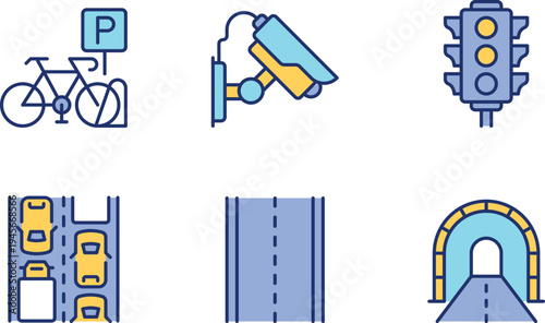 Illustrations of various urban infrastructure and traffic management elements