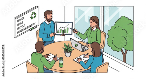 Business team discussing environmental sustainability strategies in a meeting.