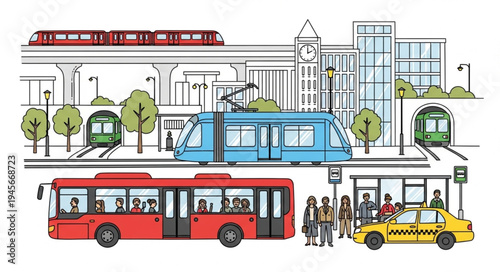 Urban Transportation Scene - Bus, Tram, Taxi, and Elevated Train.