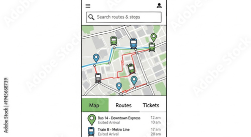 Mobile App Interface Displaying Real-Time Public Transportation Tracking.