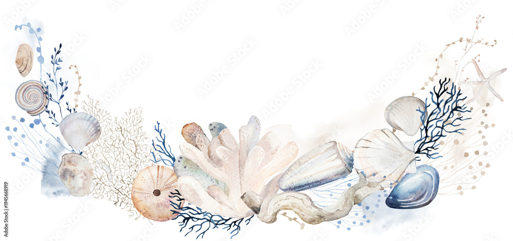 Fototapeta premium Watercolor arrangement with pastel seashells and plants, illustration for coastal wedding stationery
