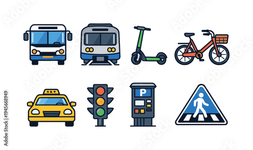 Urban transportation mobility: city bus, subway train front view, electric scooter, bicycle with basket, taxi car with roof sign, traffic light signal, parking meter machine, pedestrian