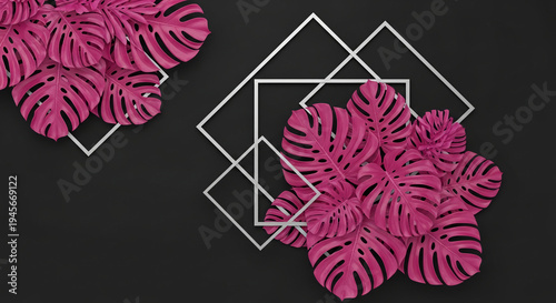Composition of pink monstera leaf and geometric frame on dark backdrop, showcasing tropical aesthetic, representative of modern style, elegance and free space