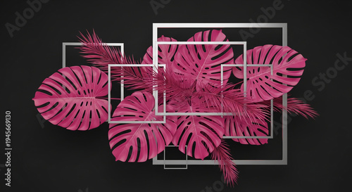 Cluster of pink tropical leaves and palm with silver frame on a black background, showcasing an exotic floral arrangement for modern decorative concepts