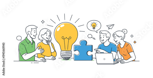 Team brainstorming for a new idea with a lightbulb and puzzle piece. Diverse group of people collaborating around a large glowing lightbulb and a puzzle piece, symbolizing