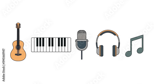 Music instruments and audio equipment.