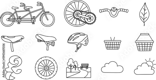 Collection of bicycle parts and outdoor elements in a simple line art style