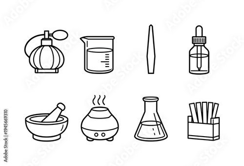 Collection of laboratory and cosmetic icons for science and beauty. A set of simple line art icons representing scientific and beauty equipment, including a perfume bottle, beaker