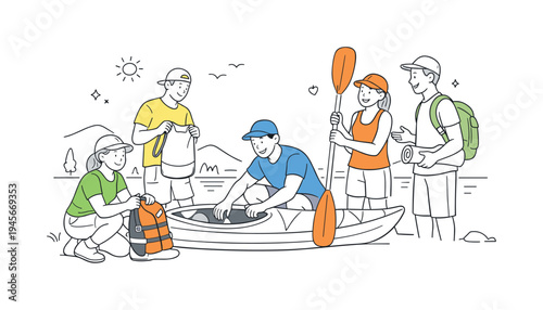 Group of friends preparing for kayaking adventure on a sunny day. Diverse group of young adults gathering gear and kayaks by the water, ready for outdoor recreation and summer fun