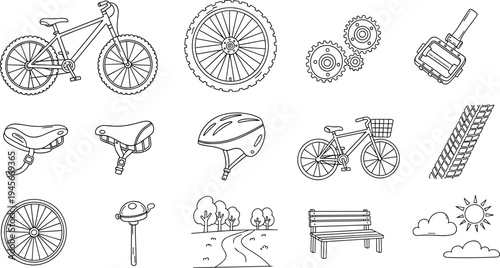 Collection of bicycle parts and outdoor scene elements in a simple line art style