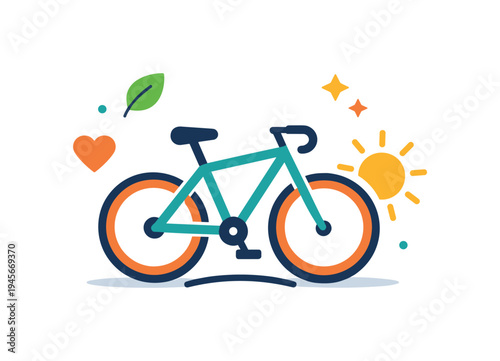 Bicycle with sun, heart, and leaf icons representing healthy lifestyle. A stylized bicycle illustration with cheerful icons symbolizing health, nature, and sunny weather for