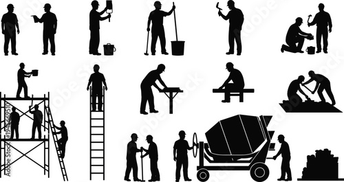 Construction worker silhouettes set with builders using tools, ladder, scaffolding and concrete mixer, industrial labor, building maintenance and repair illustration collection