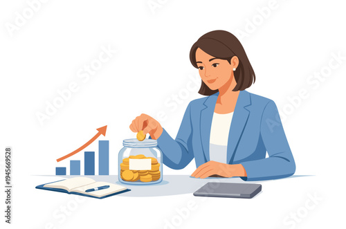 Woman saving coins in a jar with a growing financial chart in the background. A woman in a blue blazer deposits a coin into a glass jar filled with money, symbolizing savings and