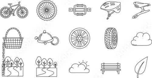 Collection of bicycle parts and outdoor elements in a simple line art style