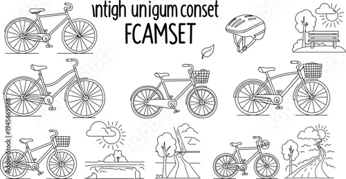 Collection of vintage bicycle illustrations with park and landscape elements