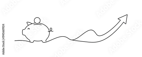Piggy bank with coin and upward trending arrow, symbolizing financial growth. A simple line drawing depicts a happy piggy bank with a coin on top, connected to an arrow that curves