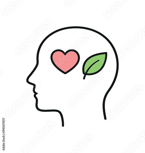 Understanding vulnerability in mental wellbeing and personal development through acceptance of emotions and openness to support, a human head outline with a small heart and a leaf
