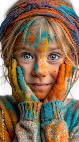 Colorful Holi festival portrait of child with vibrant powder pigments on face and hands celebrating joyful festival of colors Generative AI