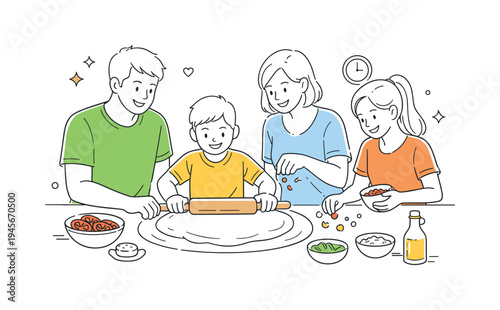 Family happily making pizza together in the kitchen, a fun bonding activity. A father, mother, son, and daughter are gathered around a kitchen counter, preparing pizza dough and